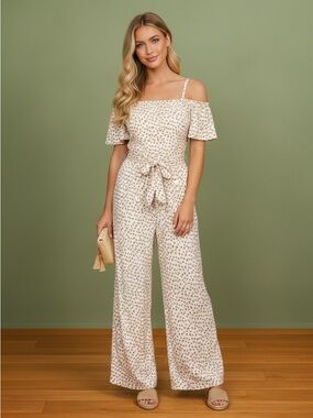 VENETIAN BLOOM OFF SHOULDER WHITE FLORAL TIE BELT JUMPSUIT